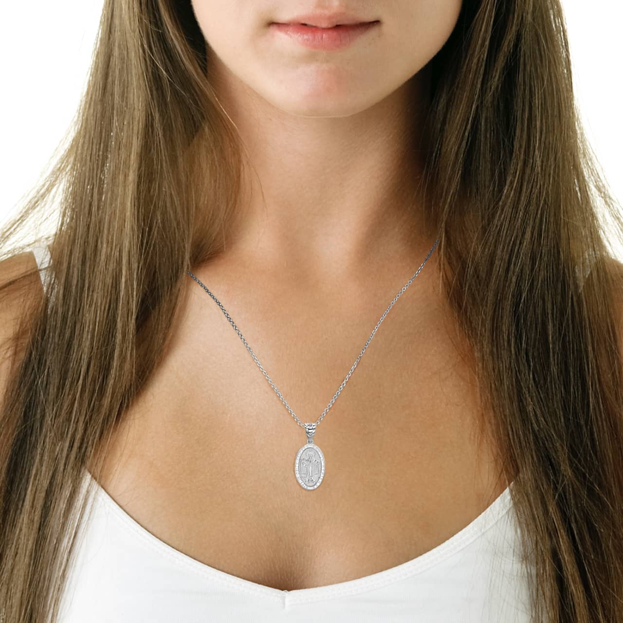 Silver Oval Saint Benito Pendant Necklace, view 2