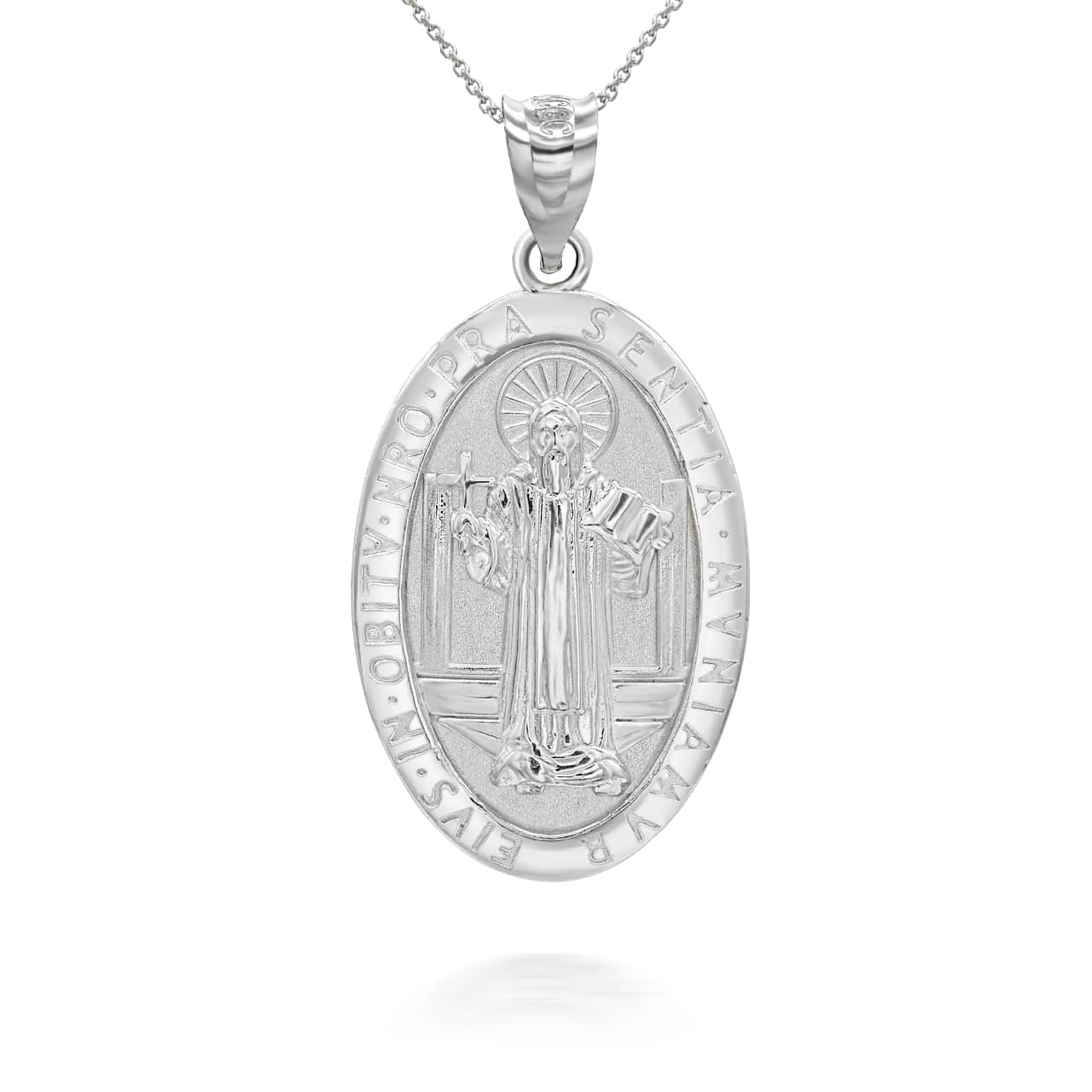 Silver Oval Saint Benito Pendant Necklace, view 3