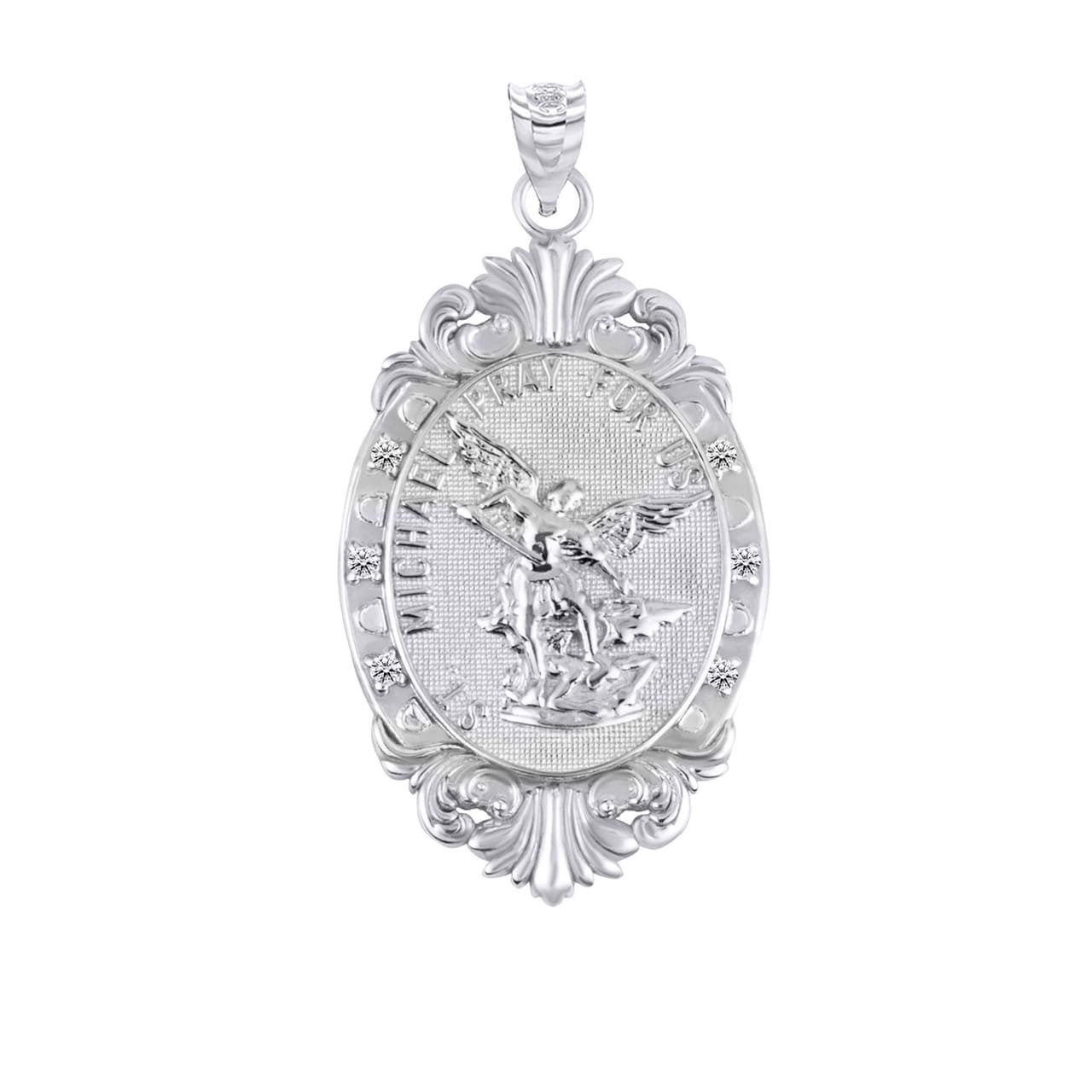 Silver Oval Saints Medallion Victorian Frame CZ Pendant Necklace