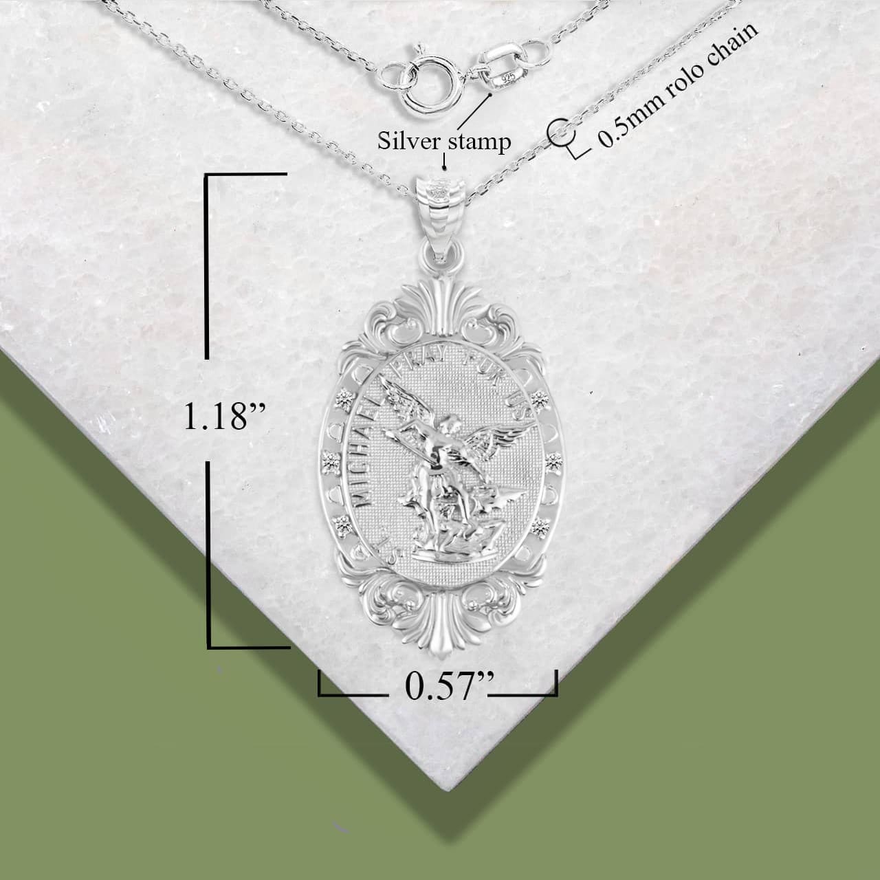 Silver Oval Saints Medallion Victorian Frame CZ Pendant Necklace, view 3