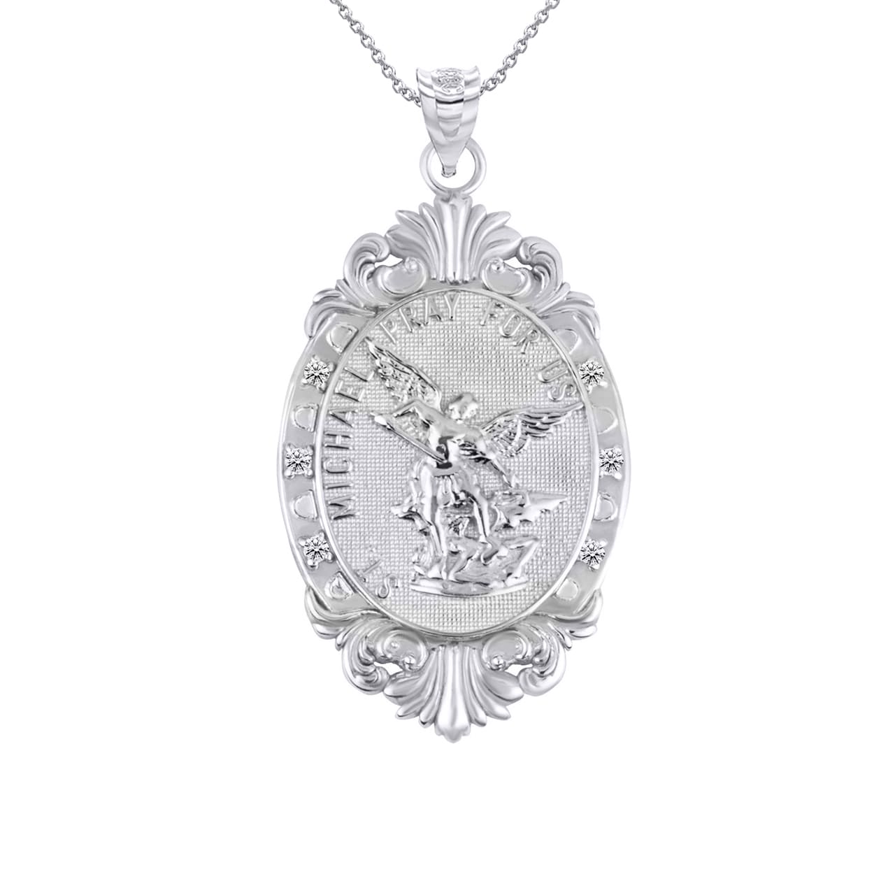 Silver Oval Saints Medallion Victorian Frame CZ Pendant Necklace, view 4