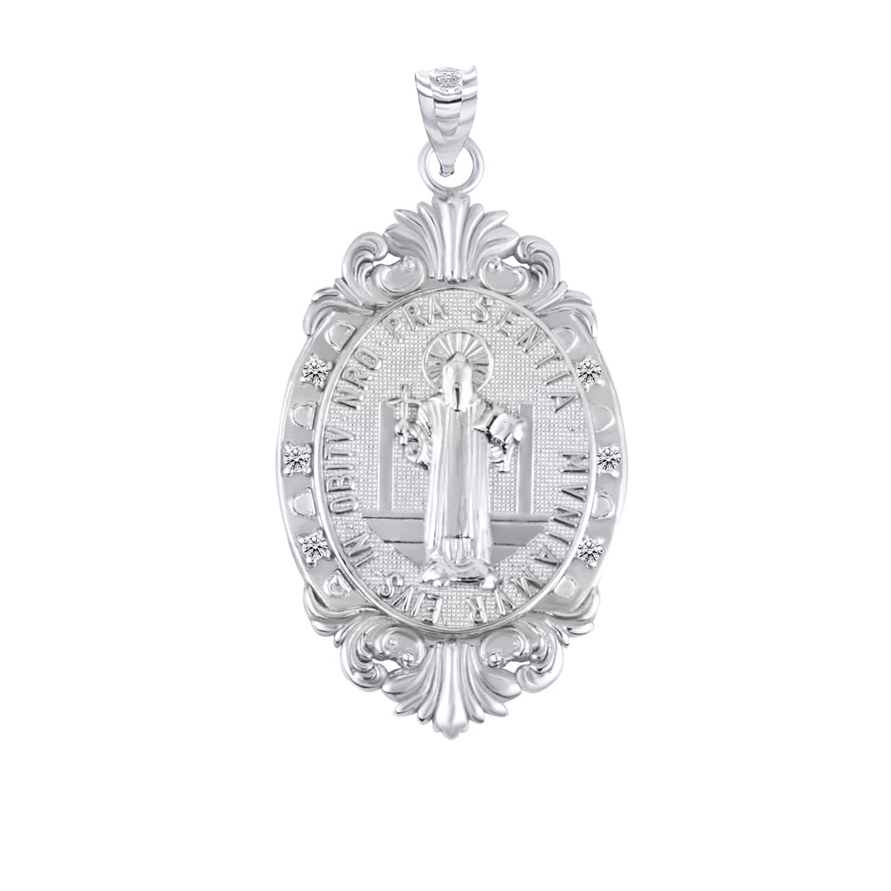 Silver Oval Saints Medallion Victorian Frame CZ Pendant Necklace, view 5
