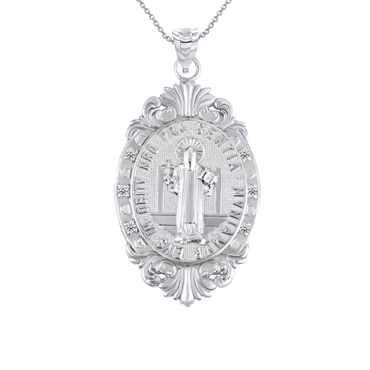 Silver Oval Saints Medallion Victorian Frame CZ Pendant Necklace, view 6
