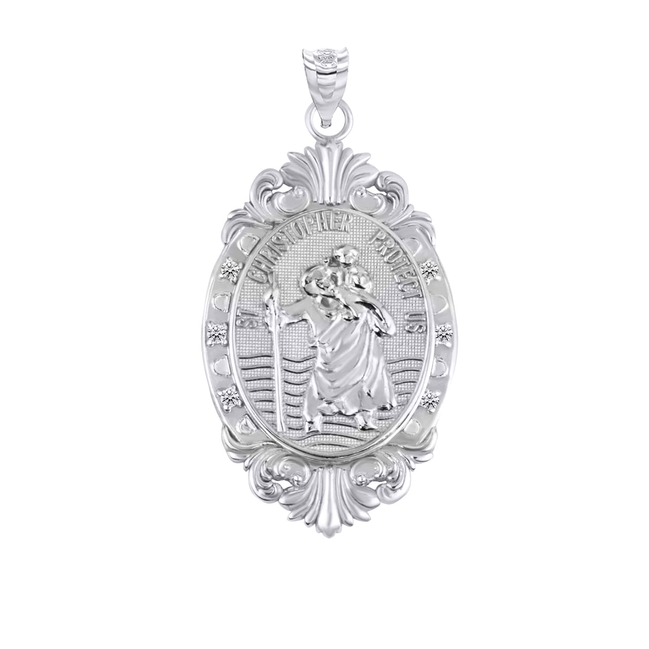 Silver Oval Saints Medallion Victorian Frame CZ Pendant Necklace, view 7