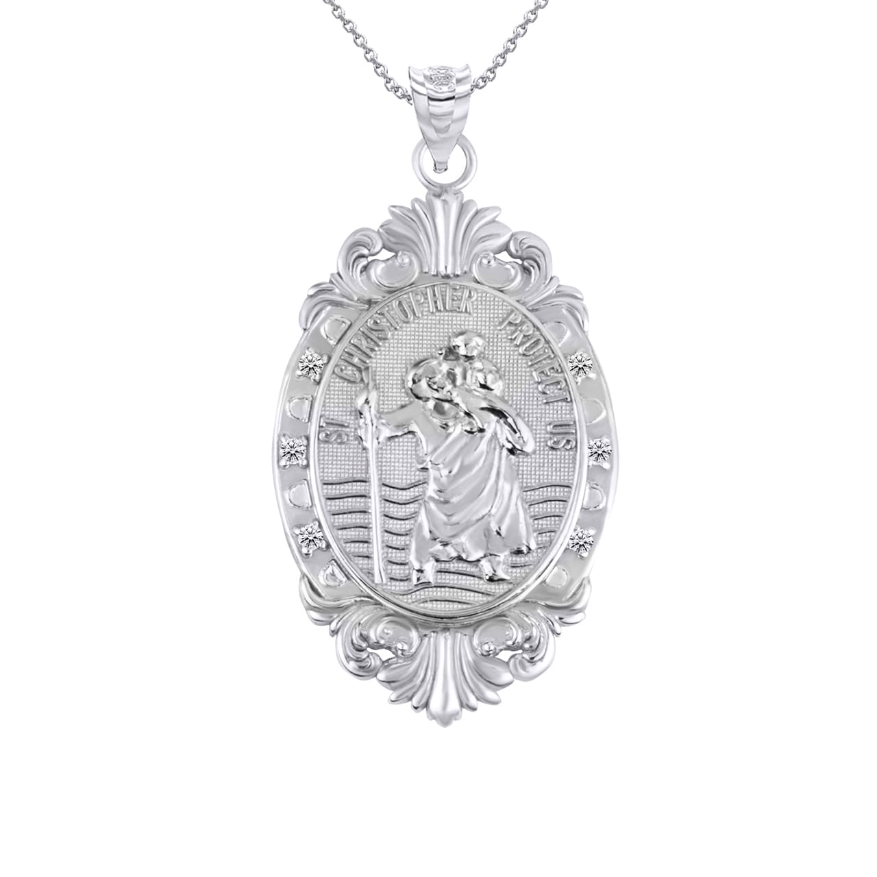 Silver Oval Saints Medallion Victorian Frame CZ Pendant Necklace, view 8