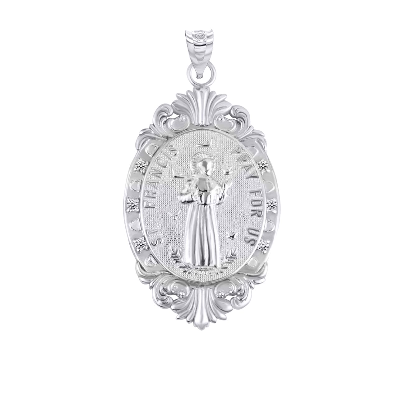 Silver Oval Saints Medallion Victorian Frame CZ Pendant Necklace, view 9