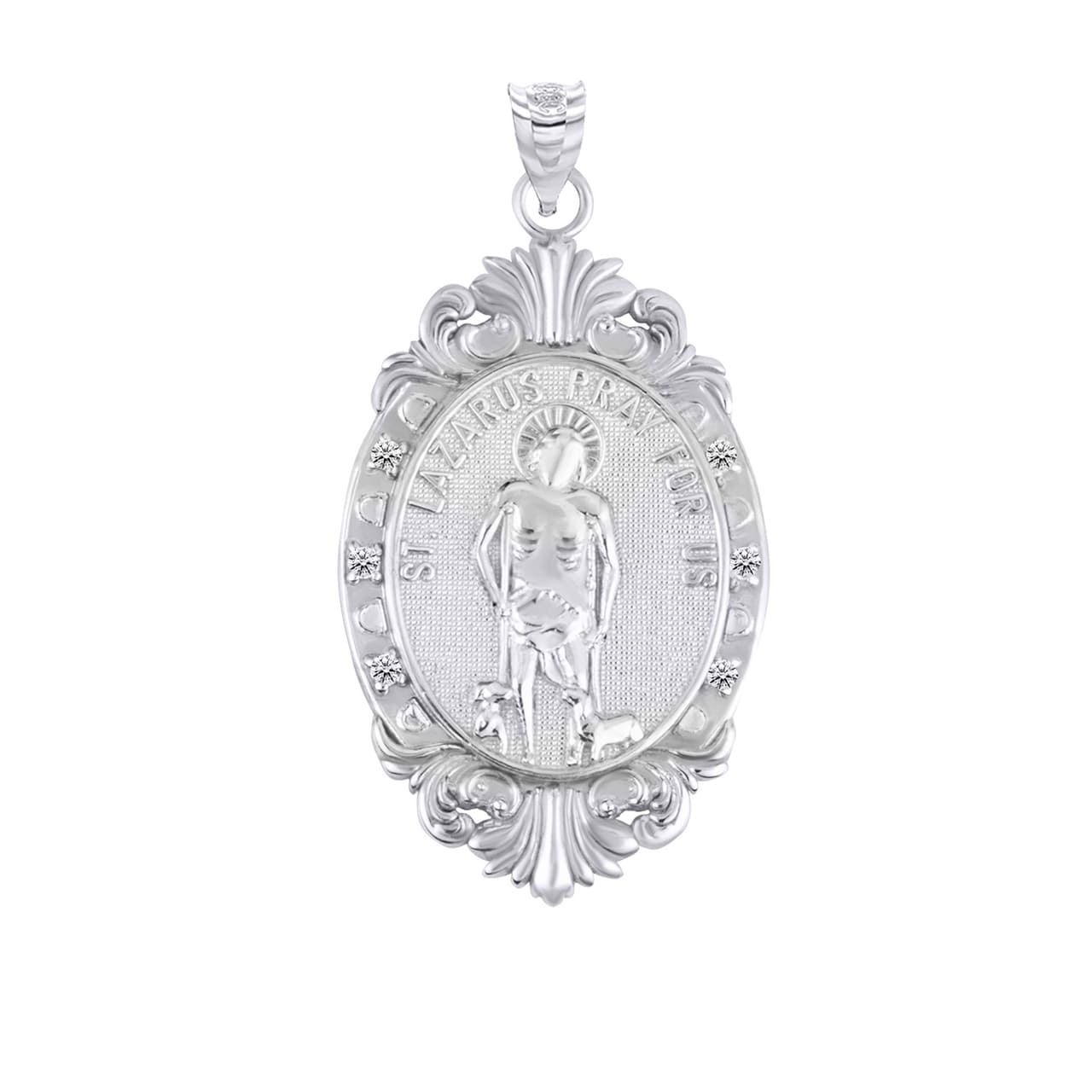 Silver Oval Saints Medallion Victorian Frame CZ Pendant Necklace, view 11