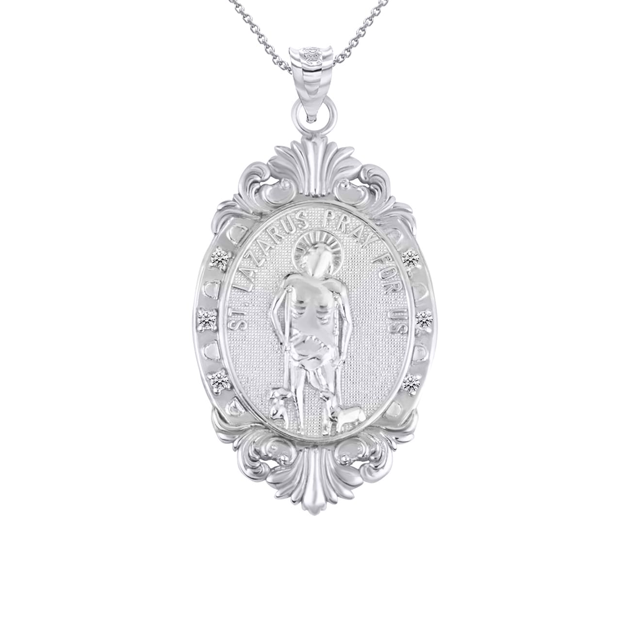 Silver Oval Saints Medallion Victorian Frame CZ Pendant Necklace, view 12