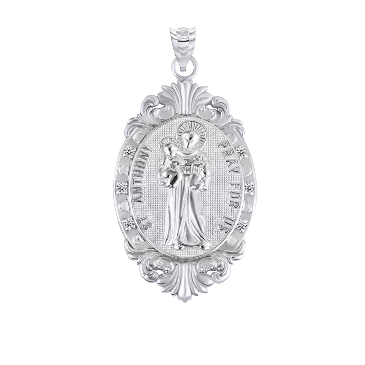 Silver Oval Saints Medallion Victorian Frame CZ Pendant Necklace, view 13