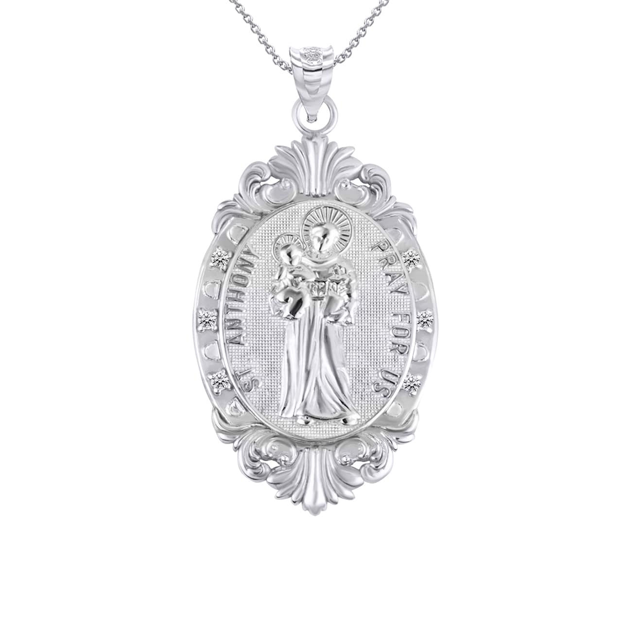 Silver Oval Saints Medallion Victorian Frame CZ Pendant Necklace, view 14
