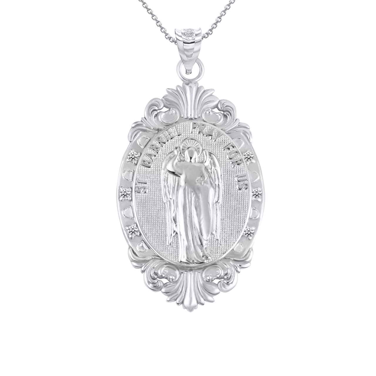 Silver Oval Saints Medallion Victorian Frame CZ Pendant Necklace, view 16