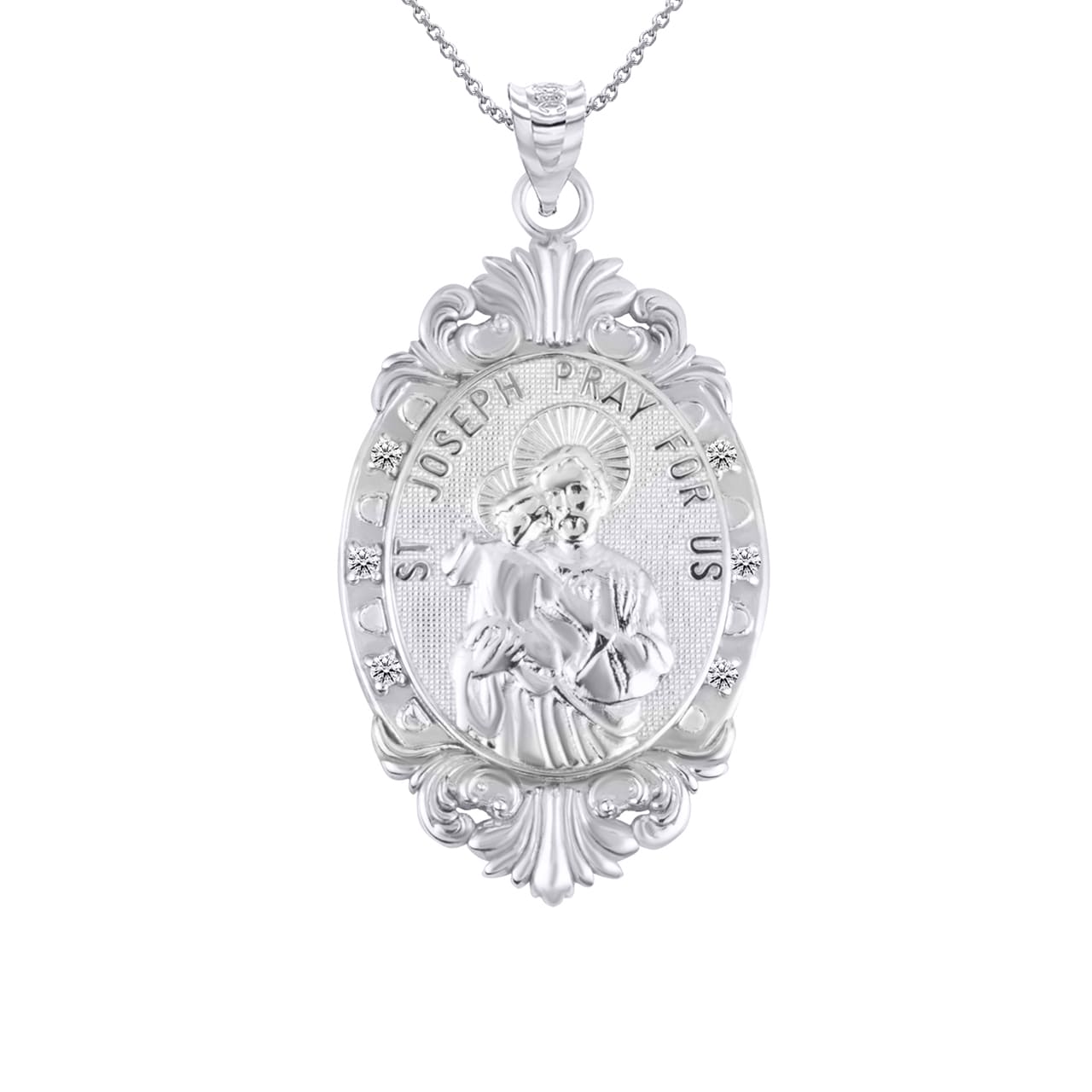 Silver Oval Saints Medallion Victorian Frame CZ Pendant Necklace, view 18
