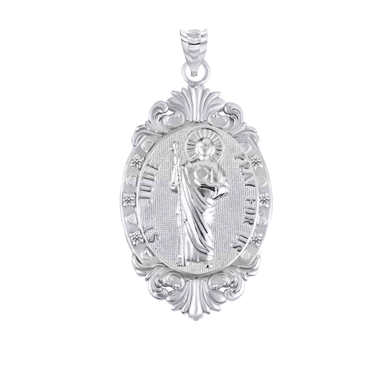 Silver Oval Saints Medallion Victorian Frame CZ Pendant Necklace, view 21