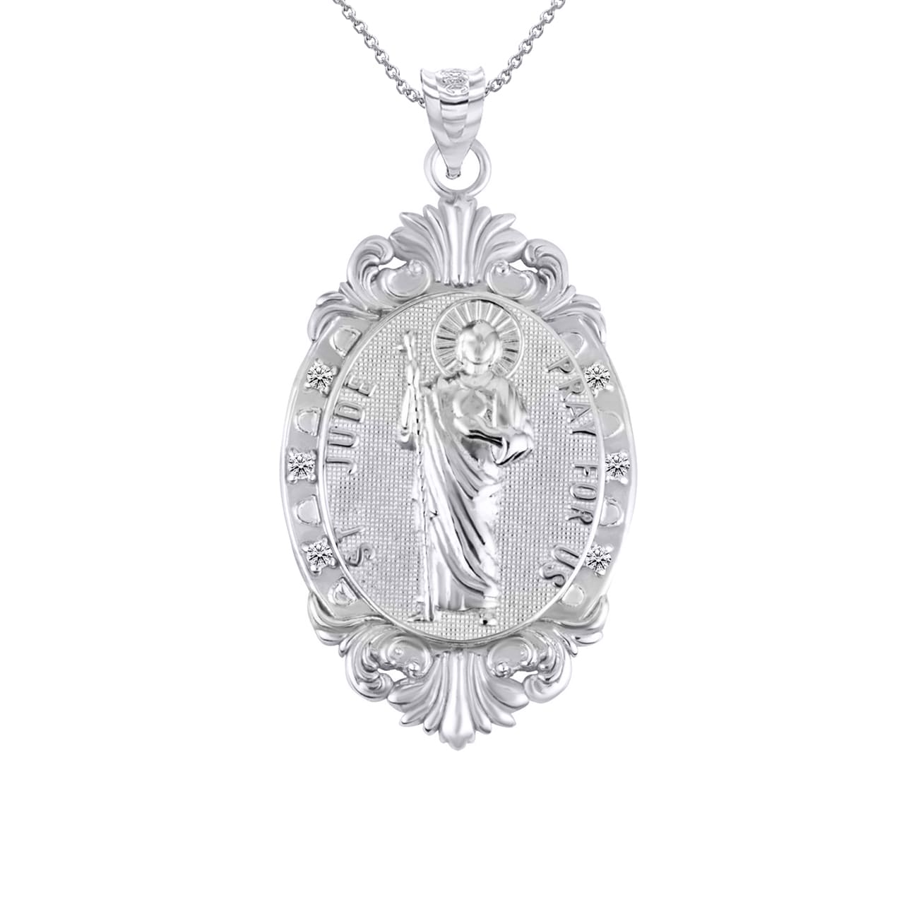Silver Oval Saints Medallion Victorian Frame CZ Pendant Necklace, view 22