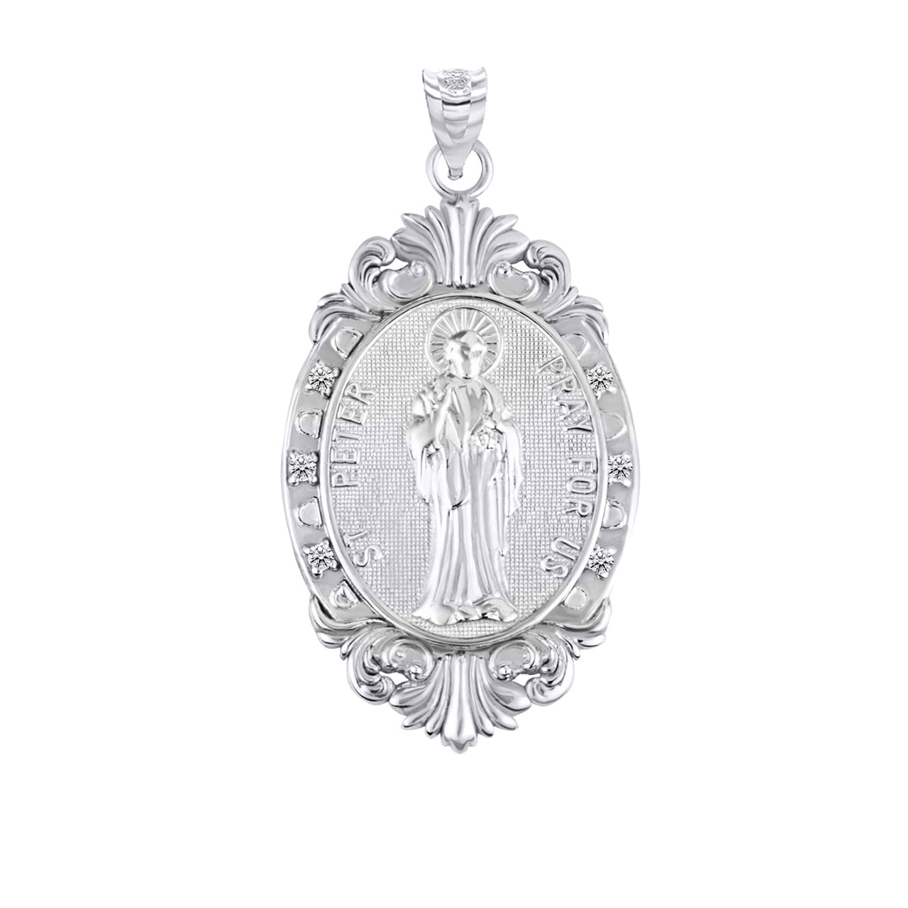 Silver Oval Saints Medallion Victorian Frame CZ Pendant Necklace, view 23