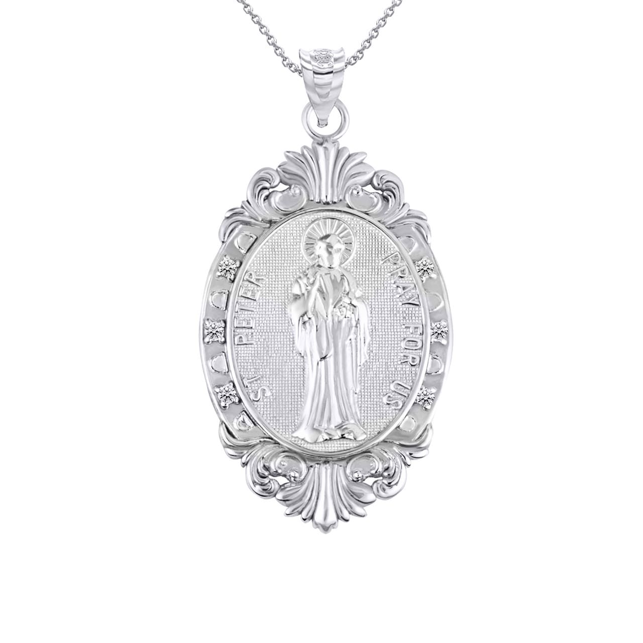 Silver Oval Saints Medallion Victorian Frame CZ Pendant Necklace, view 24