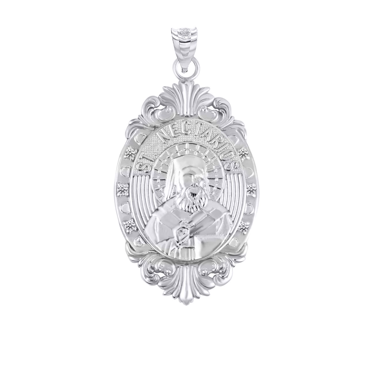 Silver Oval Saints Medallion Victorian Frame CZ Pendant Necklace, view 25