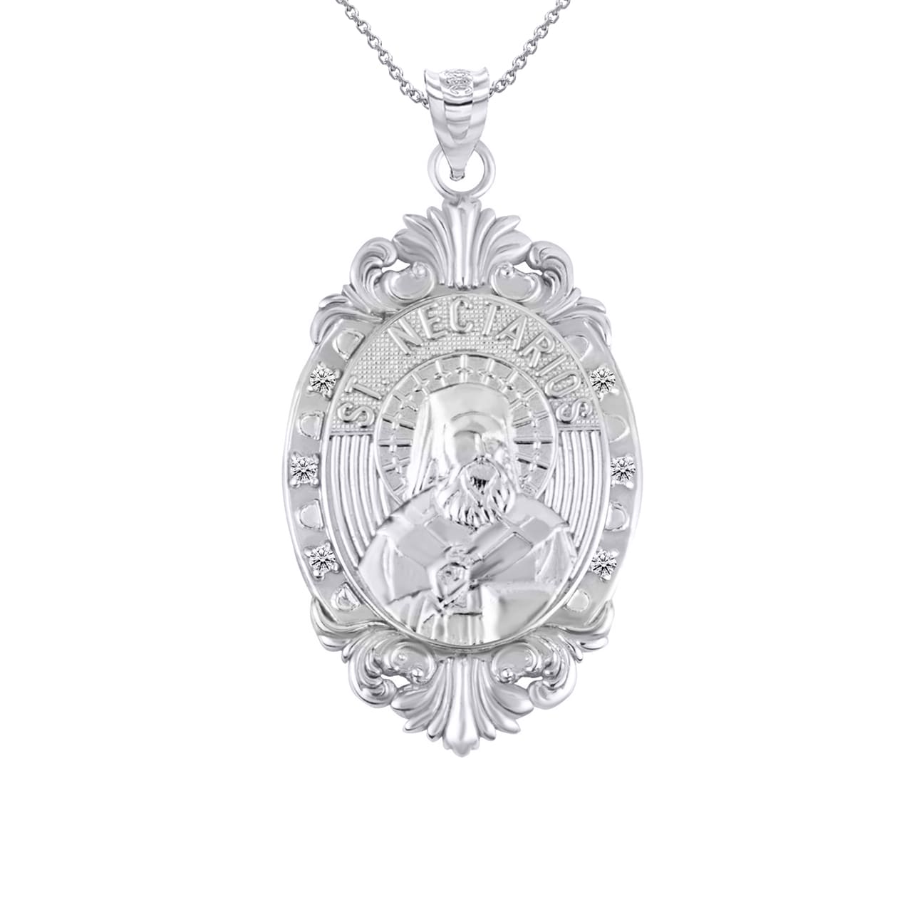 Silver Oval Saints Medallion Victorian Frame CZ Pendant Necklace, view 26