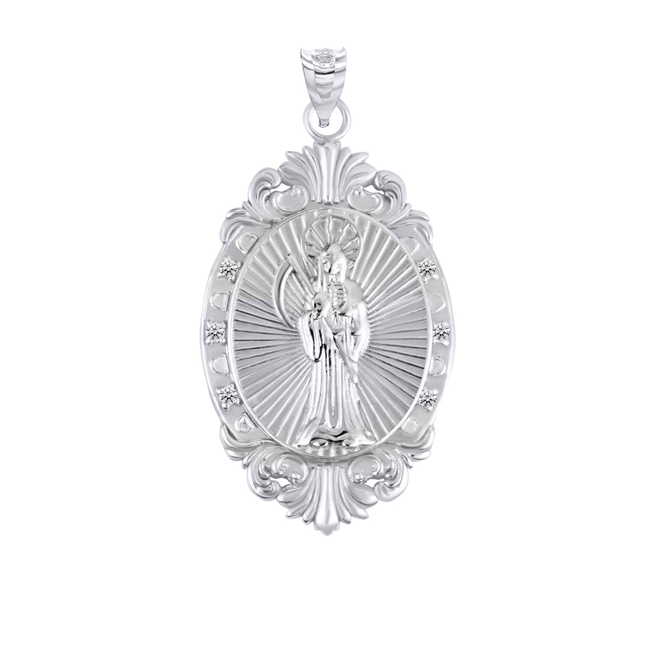 Silver Oval Saints Medallion Victorian Frame CZ Pendant Necklace, view 27