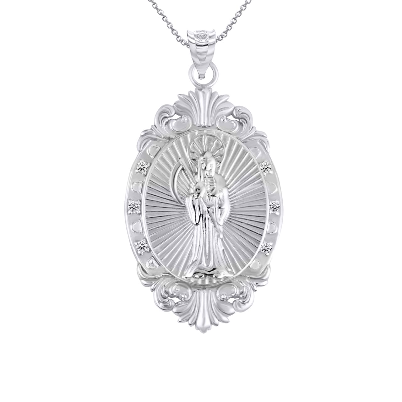 Silver Oval Saints Medallion Victorian Frame CZ Pendant Necklace, view 28