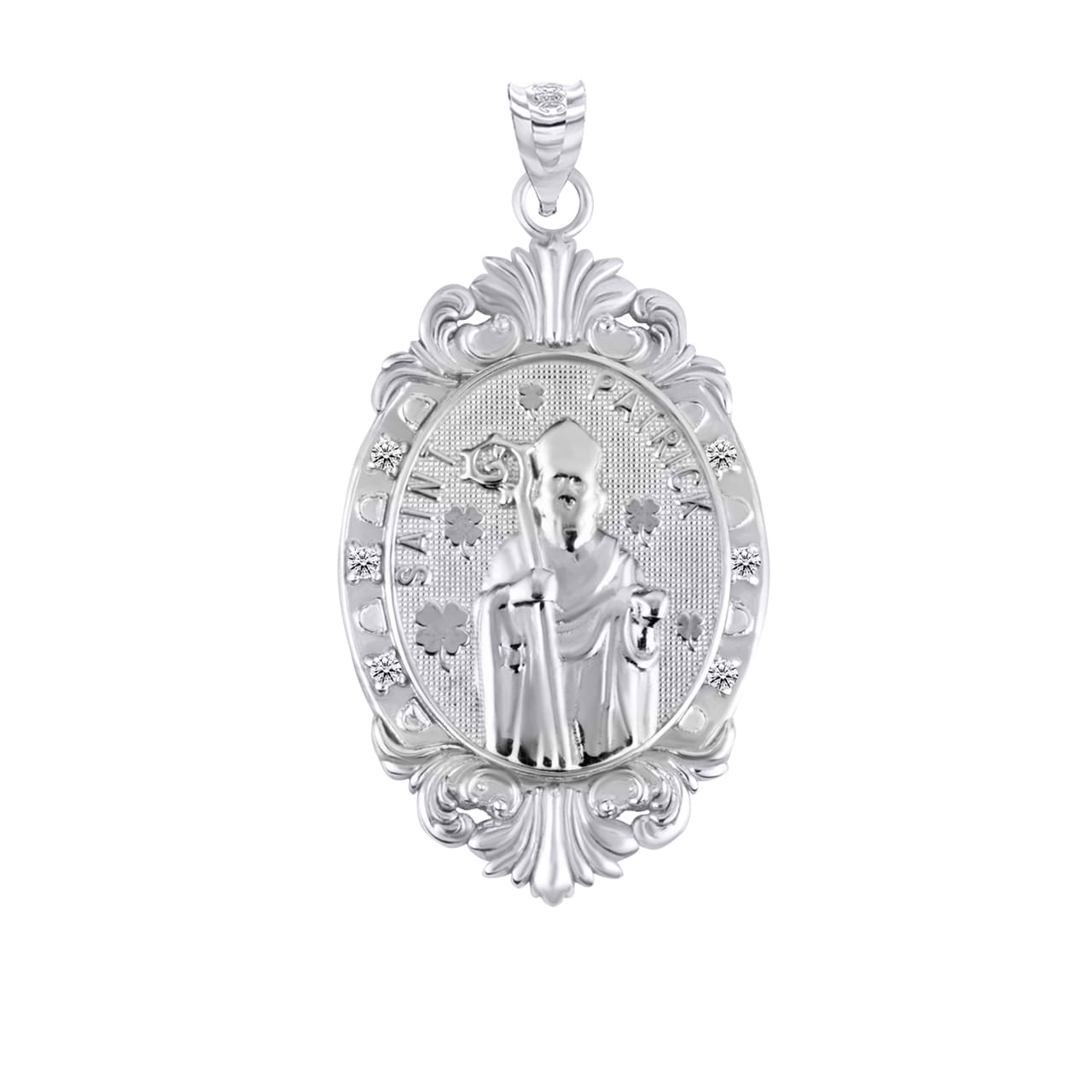 Silver Oval Saints Medallion Victorian Frame CZ Pendant Necklace, view 29