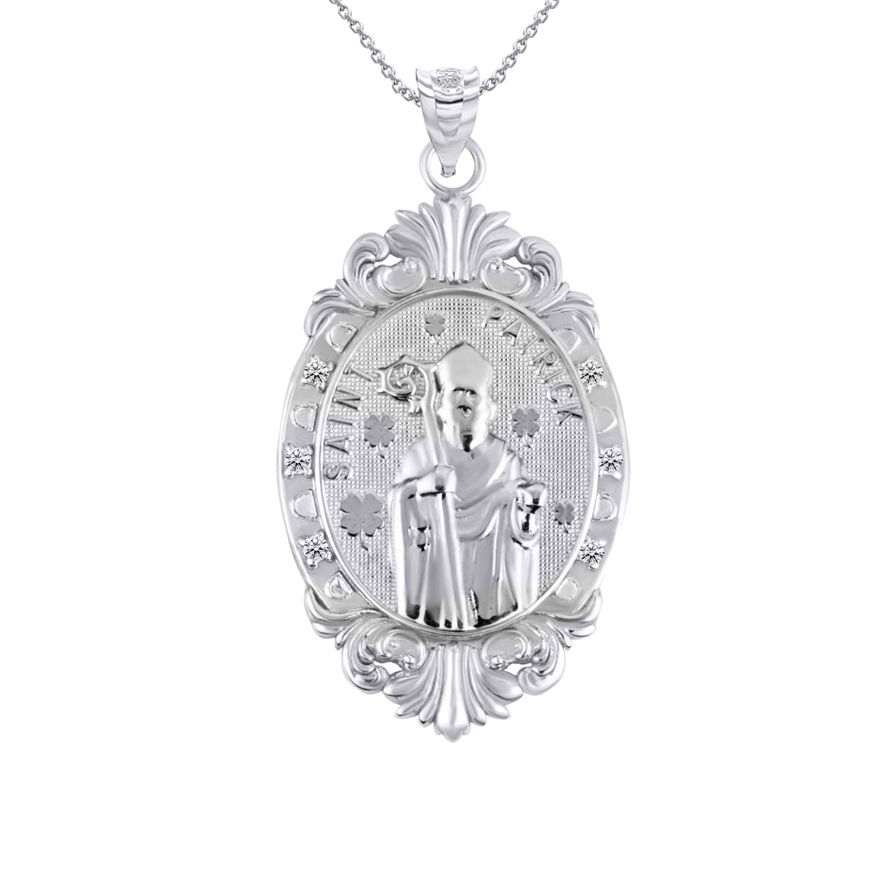 Silver Oval Saints Medallion Victorian Frame CZ Pendant Necklace, view 30