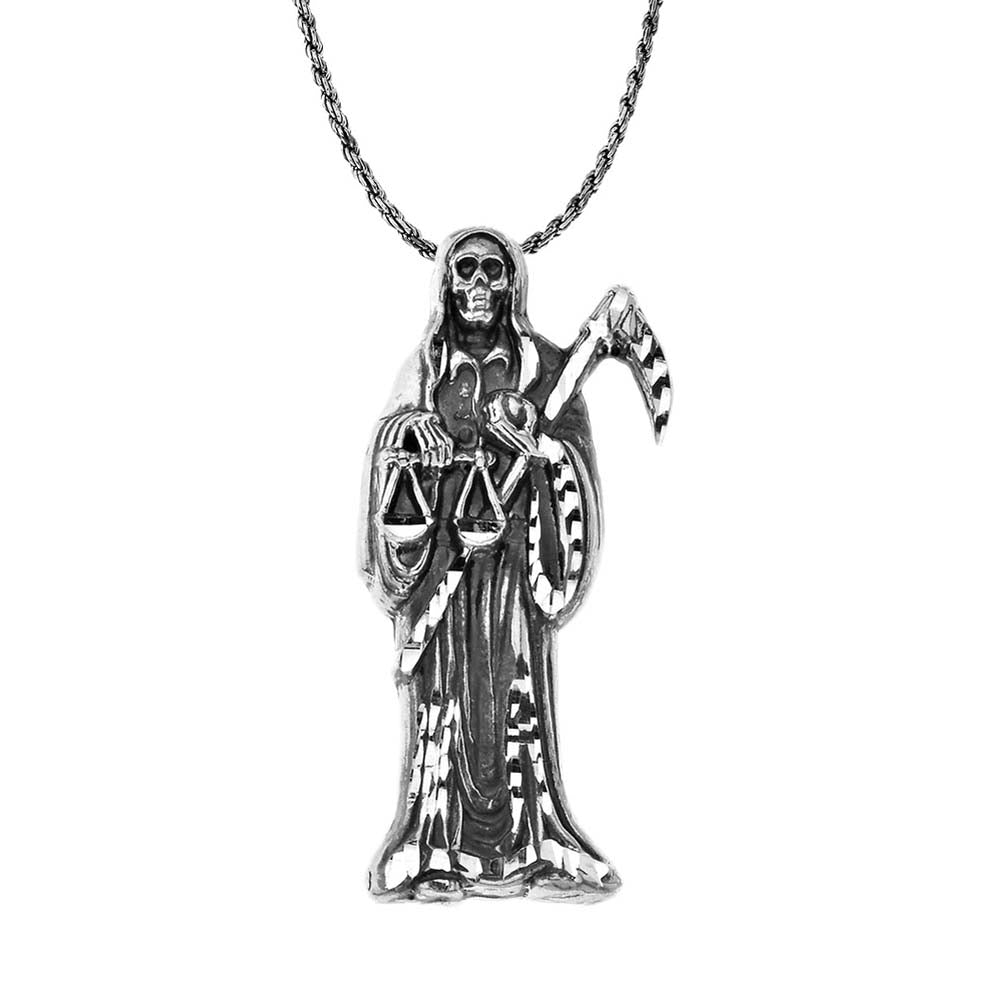 Silver Oxidized Santa Muerte Grim Reaper Pendant Necklace