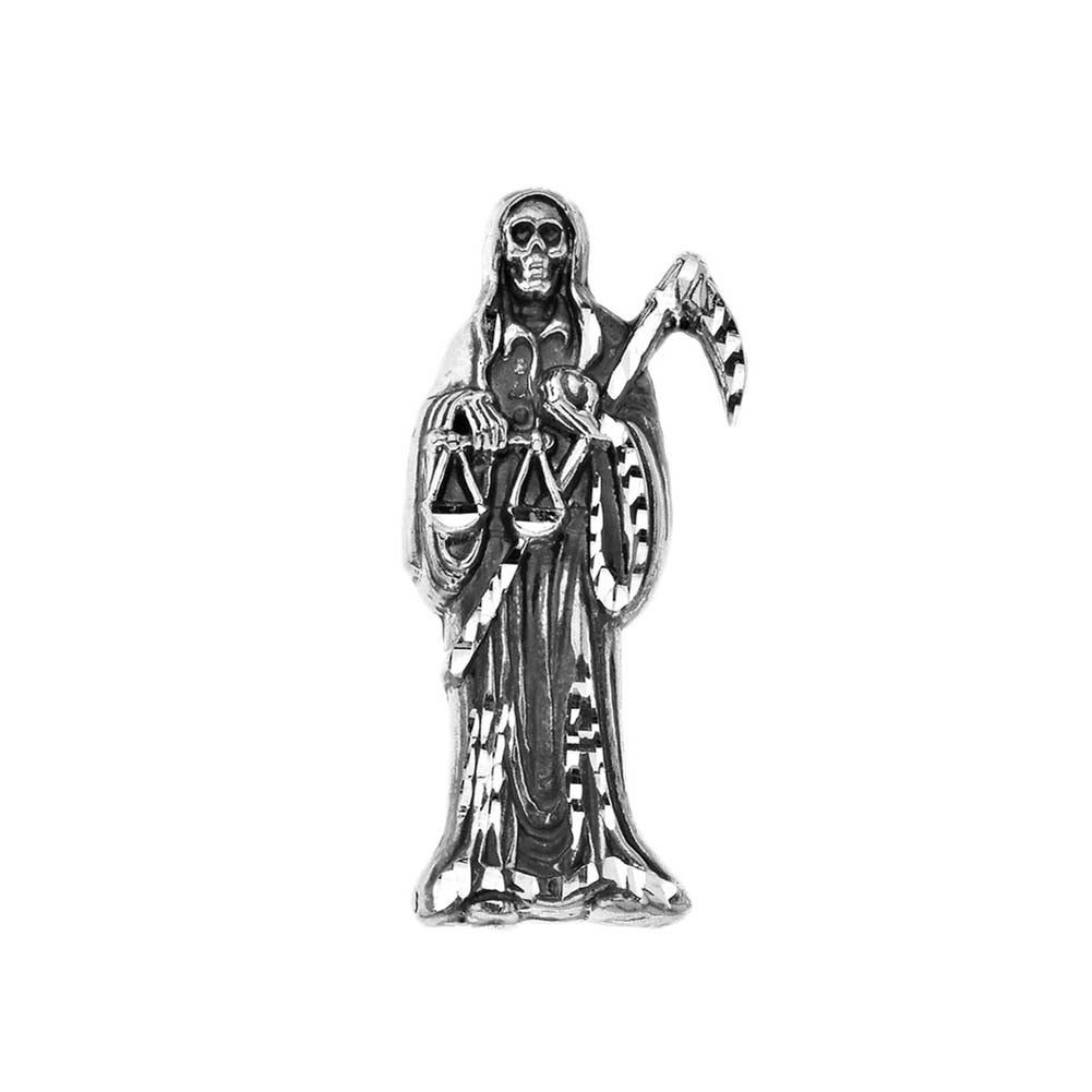 Silver Oxidized Santa Muerte Grim Reaper Pendant Necklace, view 2