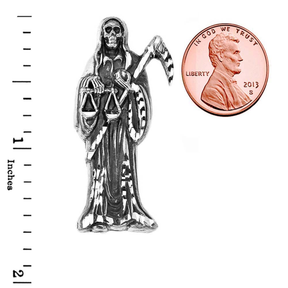 Silver Oxidized Santa Muerte Grim Reaper Pendant Necklace, view 3