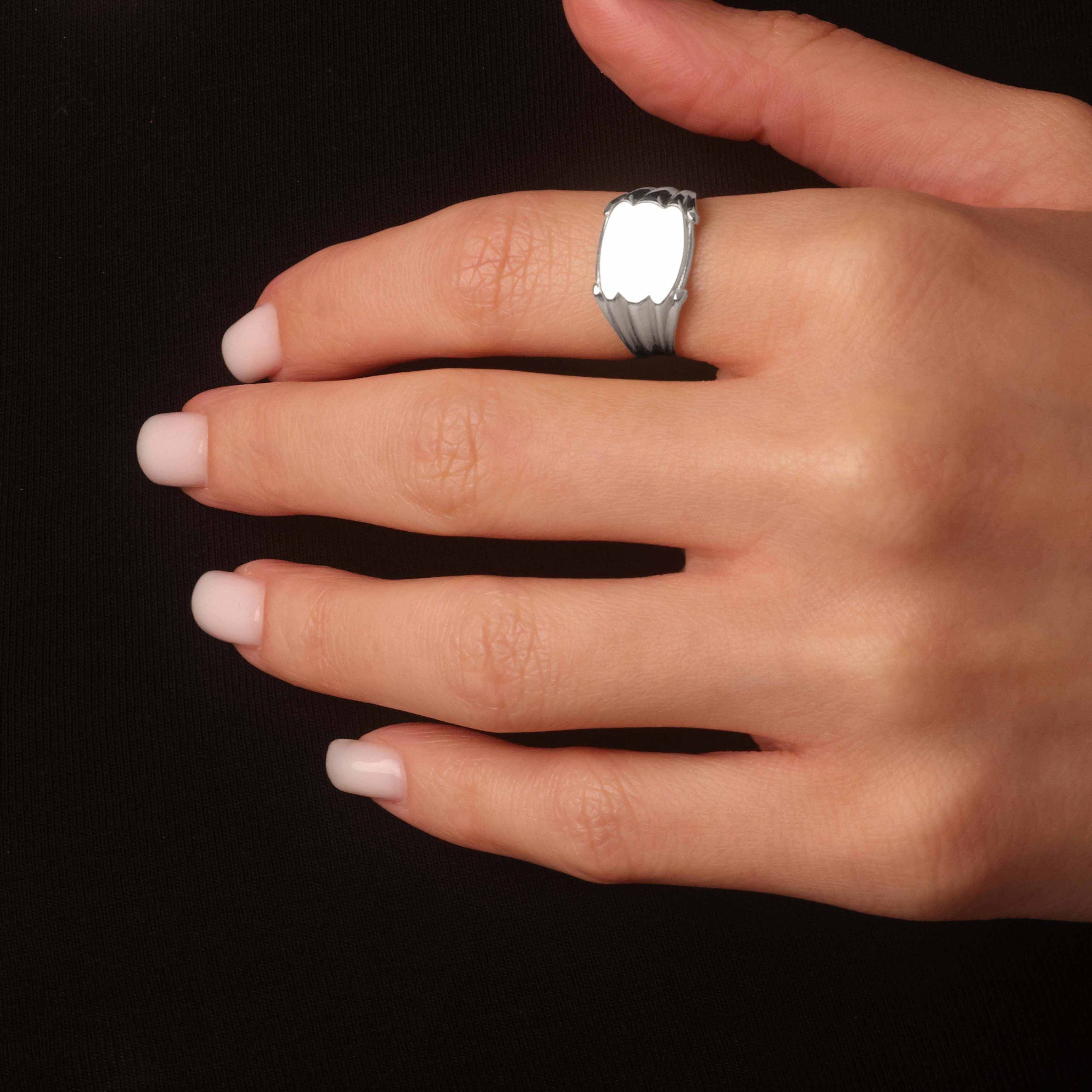 Silver Ribbed Engravable Signet Ring, view 2