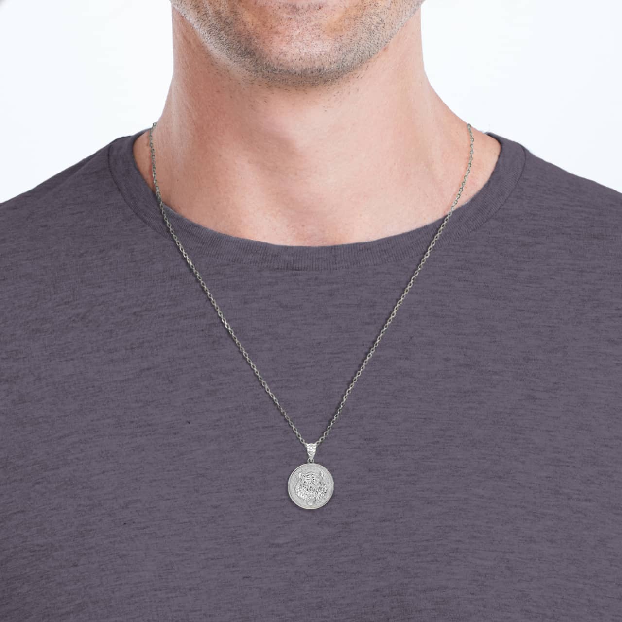Silver Roaring Tiger Medallion Pendant Necklace, view 2