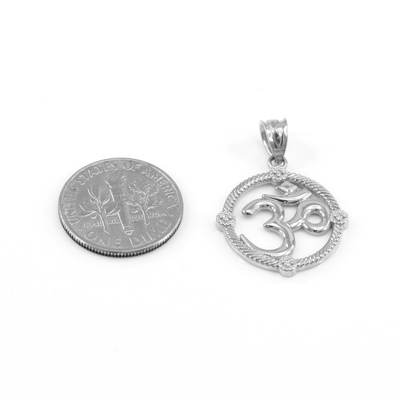 Silver Roped Circle Hindu Meditation Charm Yoga "Om" (Aum) CZ Pendant Necklace, view 2