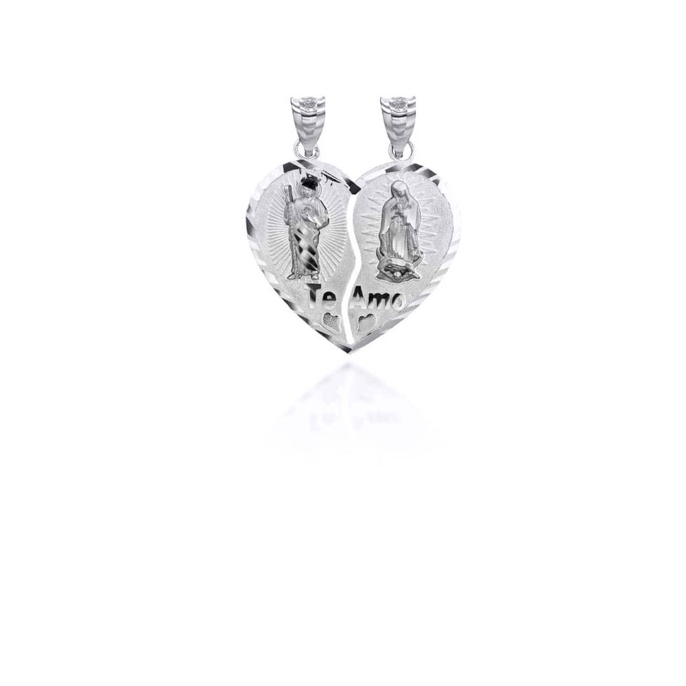 Silver Saint Jude and Our Lady of Guadalupe Te Amo Breakable Heart Necklace