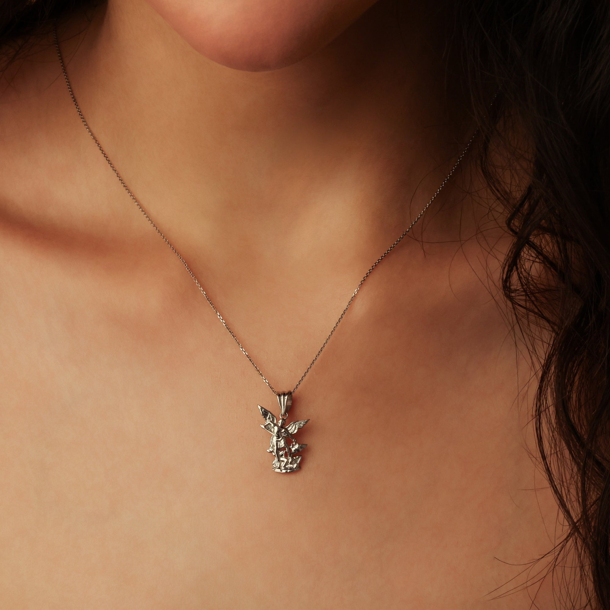 Silver Saint Michael Pendant Necklace, view 2