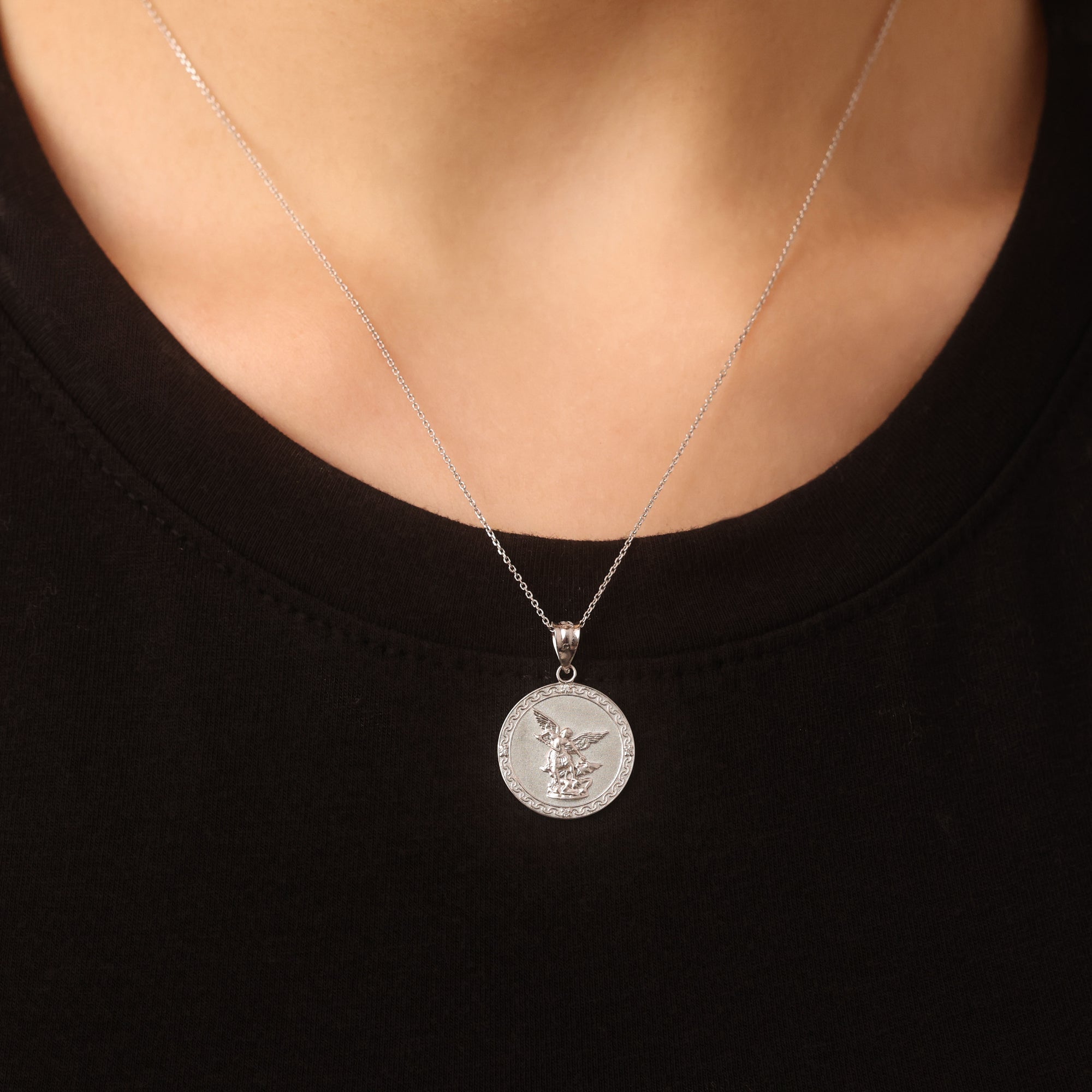 Silver Saint Michael Pendant Necklace with Cubic Zirconia, view 2
