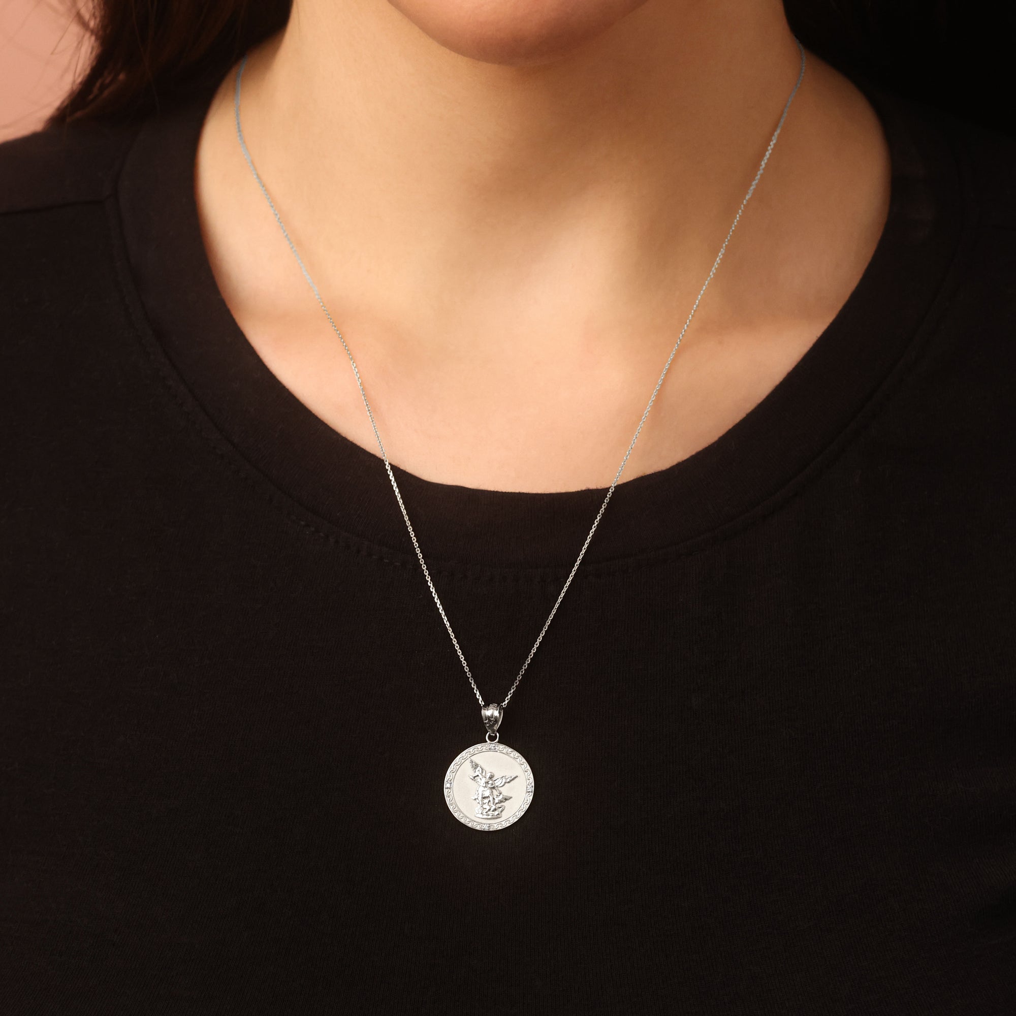 Silver Saint Michael Pendant Necklace with Cubic Zirconia, view 3
