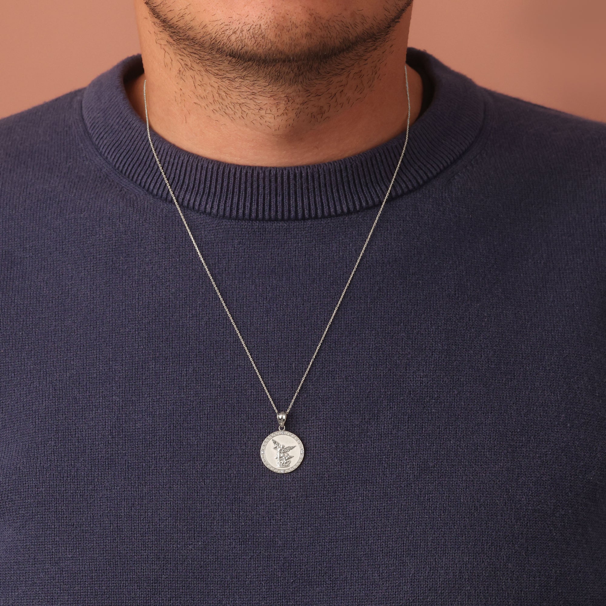 Silver Saint Michael Pendant Necklace with Cubic Zirconia, view 4