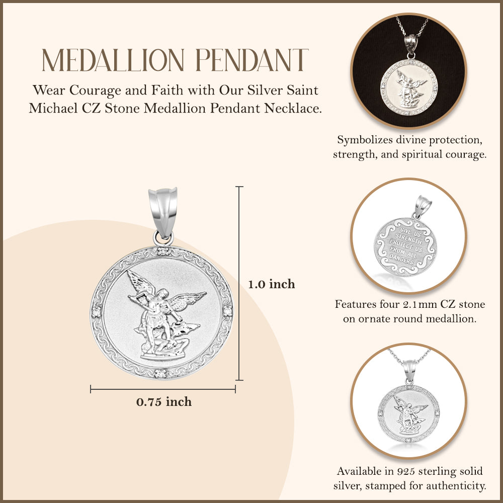 Silver Saint Michael Pendant Necklace with Cubic Zirconia, view 5