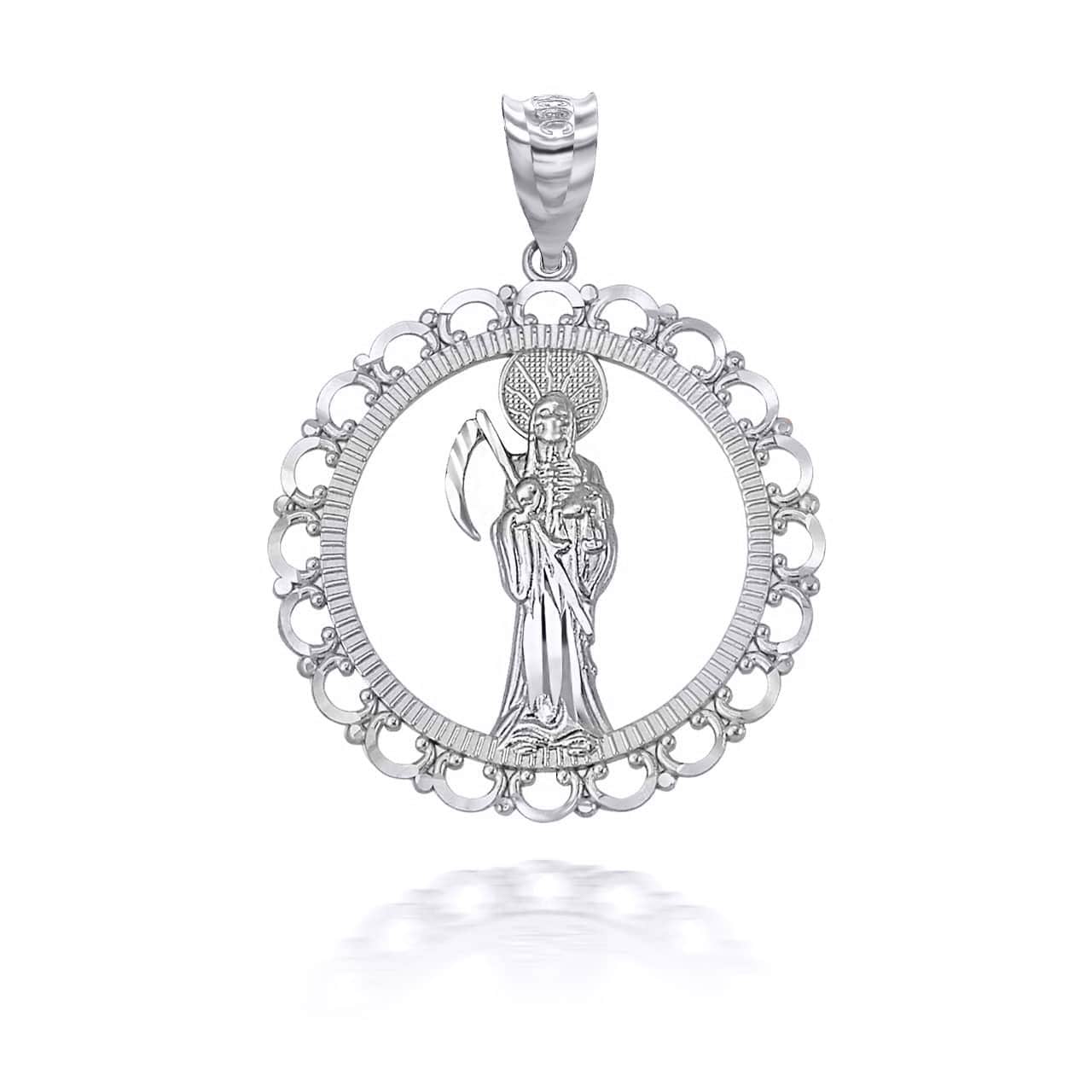 Silver Santa Muerte Patron Saint of Death, Protection, and Healing Openwork Pendant Necklace (S,M,L)