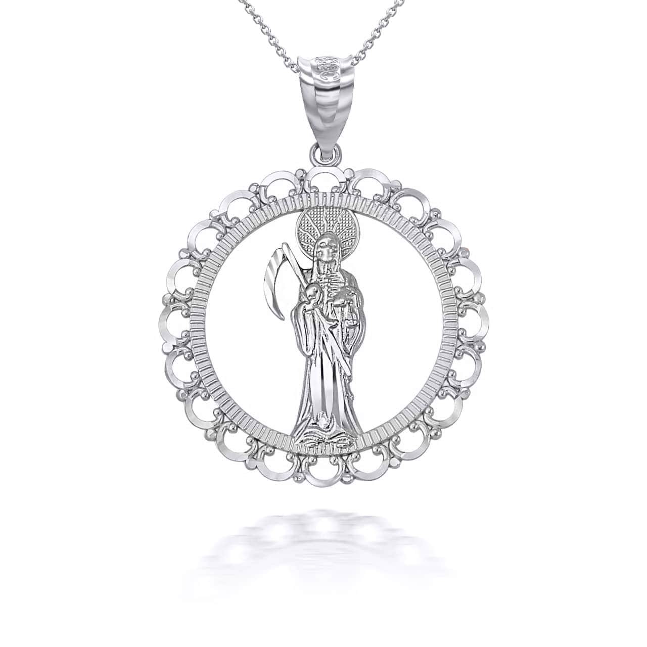 Silver Santa Muerte Patron Saint of Death, Protection, and Healing Openwork Pendant Necklace (S,M,L), view 5