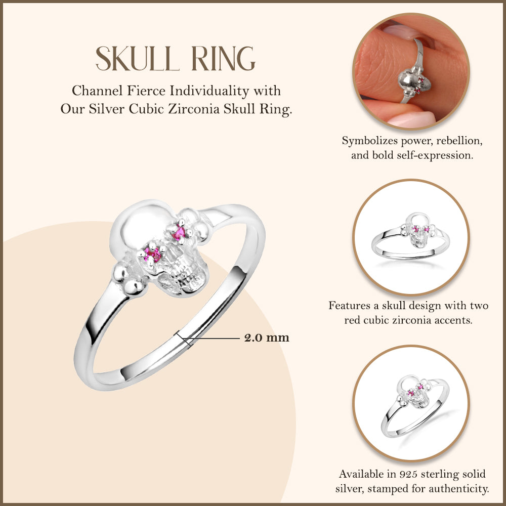 Silver Skull Ring with Red Cubic Zirconia, view 3