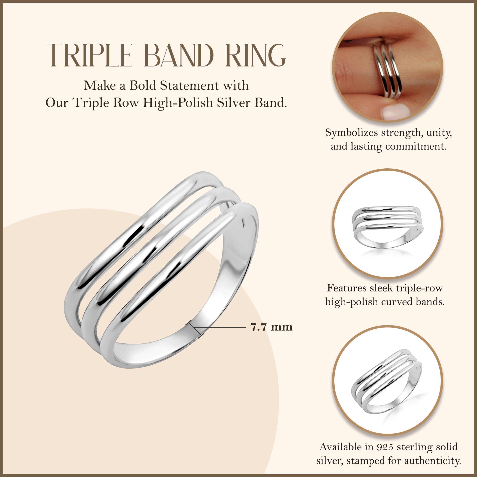 Silver Triple Row High-Polish Band, view 3