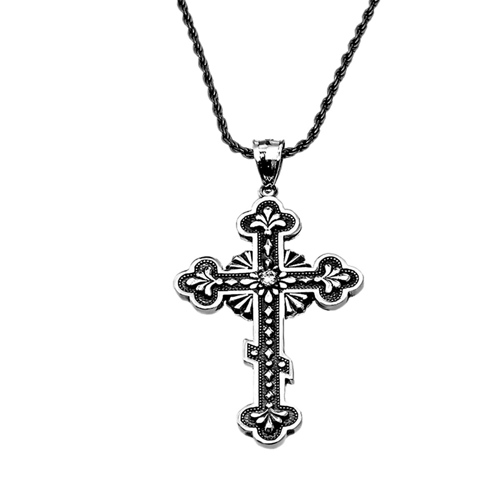 Silver Vintage Antique look Russian Orthodox Cross Pendant Necklace