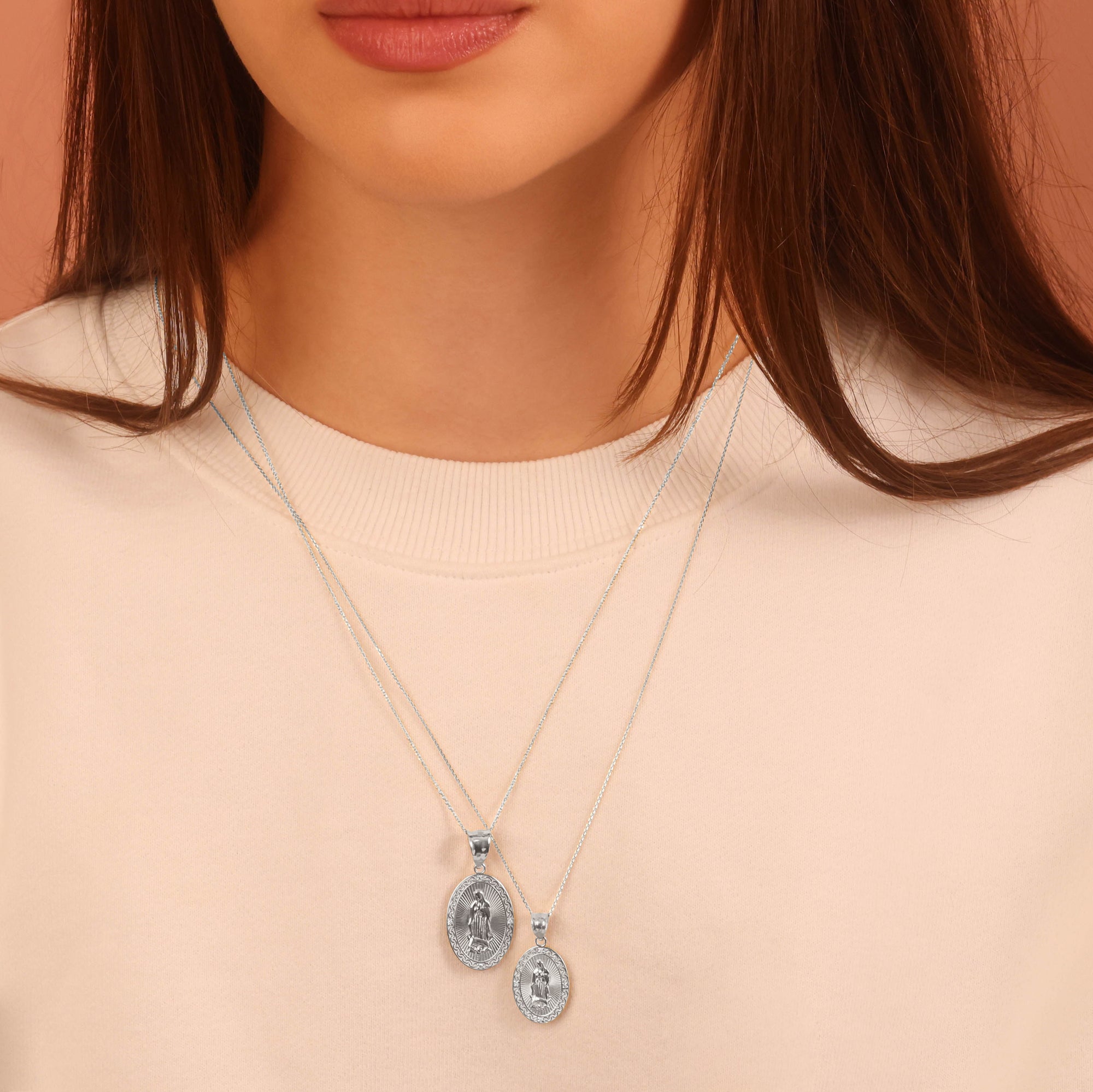 Silver Virgen Mary de Guadalupe Necklace with Cubic Zirconia, view 2
