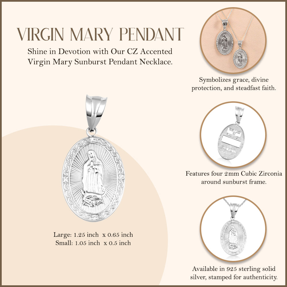 Silver Virgen Mary de Guadalupe Necklace with Cubic Zirconia, view 3