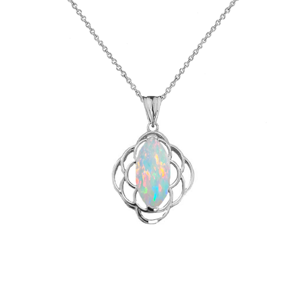 Simulated Opal Open Work Pendant Necklace In Sterling Silver