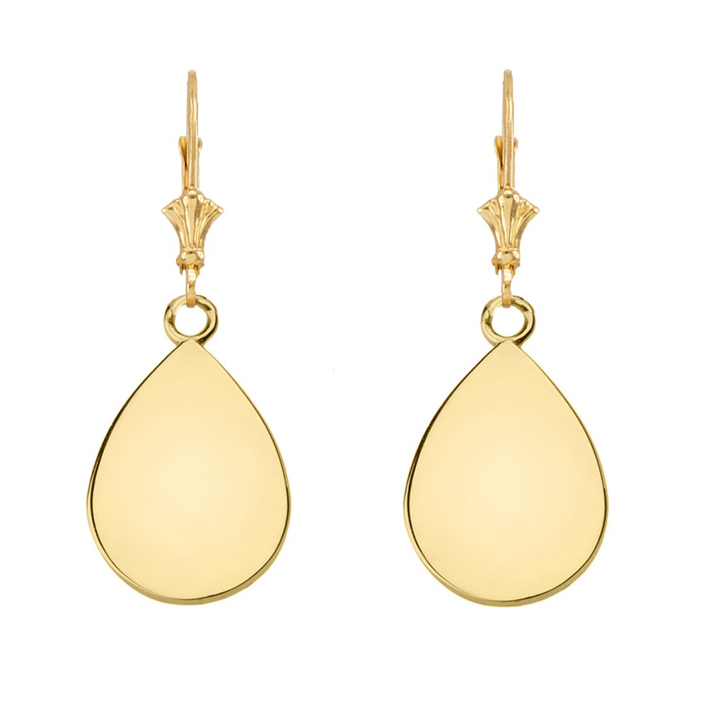 Solid 14K Yellow Gold Simple Tear Drop Leverback Earrings