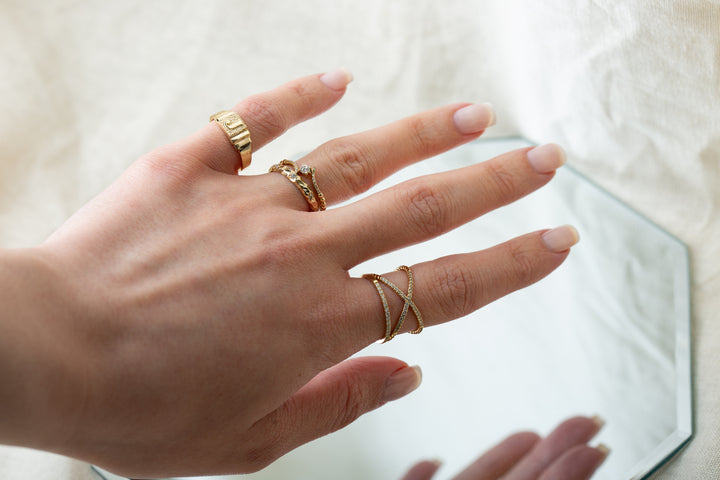 Solid Gold 3 mm Hammered Stackable Diamond Ring, view 2