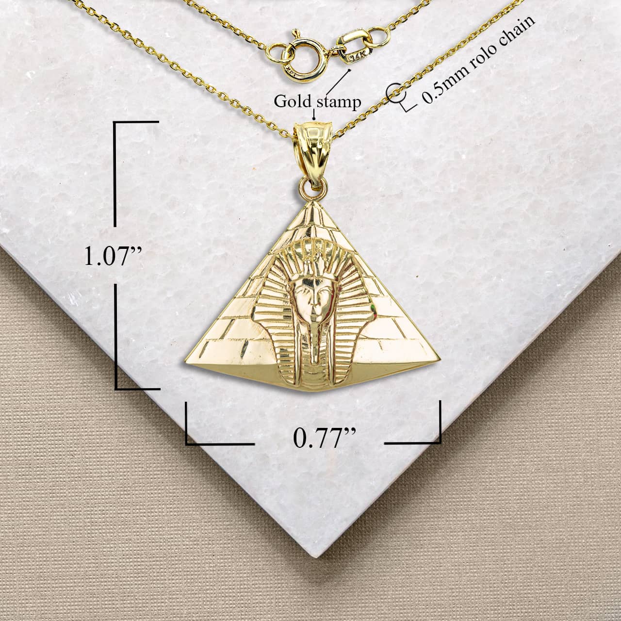 Solid Gold Ancient Egyptian Pharaoh Pyramid Pendant Necklace, view 6