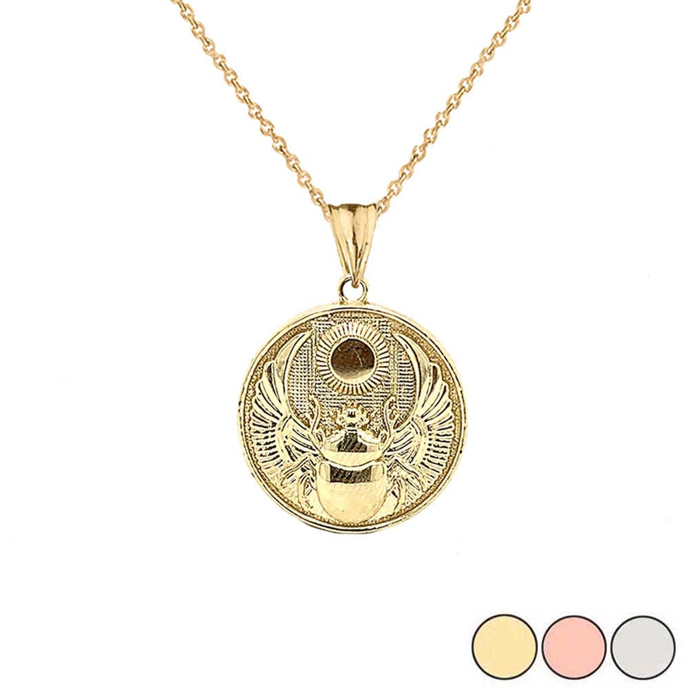 Solid Gold Ancient Egyptian Scarab Beetle and Sun Disc Pendant Necklace